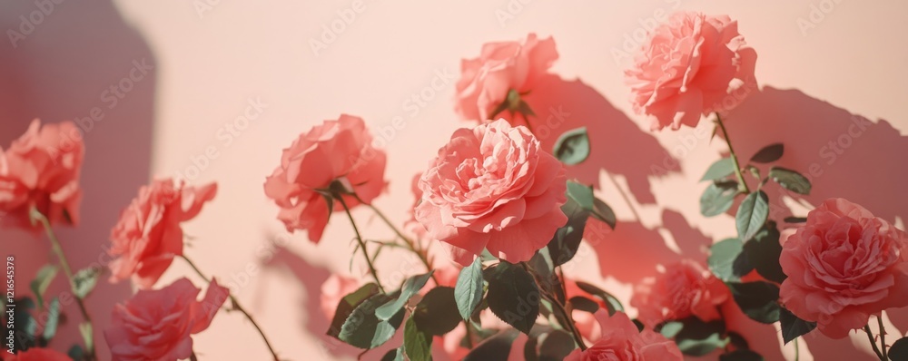Elegant pink roses arranged on a soft pink background showcasing beauty and grace Elegant pink roses arranged on a soft pink background showcasing beauty and grace