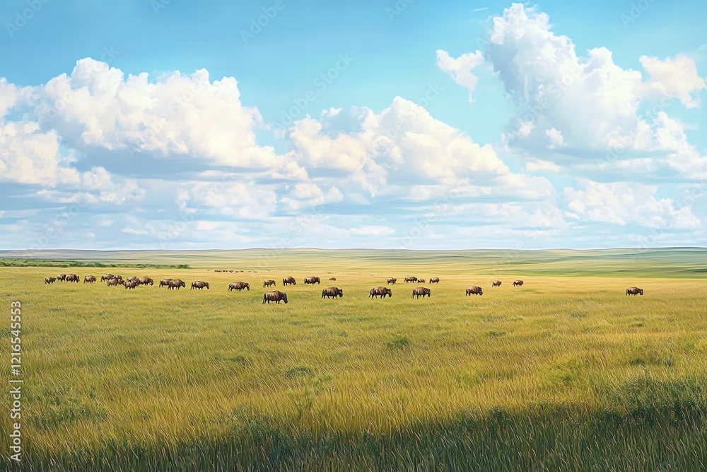 Vast savannah landscape with clouds and grazing herd under the blue sky. Vast savannah landscape with clouds and grazing herd under the blue sky.