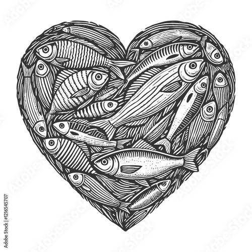 Heart shape symbol made of fish sketch engraving generative ai vector illustration. Scratch board imitation. Black and white image.