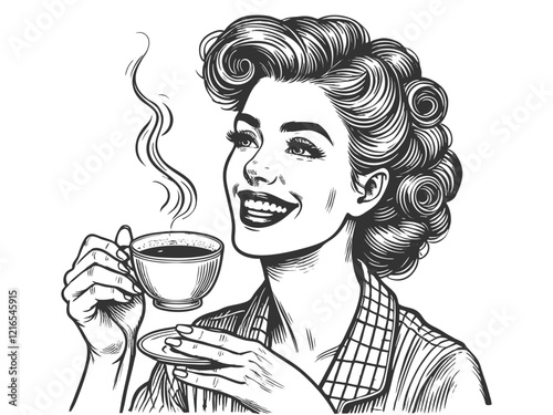Smiling Retro Woman Drinking Coffee vector