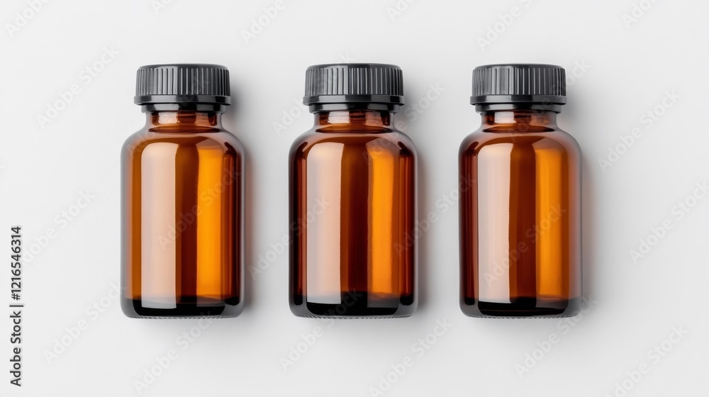 Multiple brown amber medicine bottles isolated on white background. Generative AI Multiple brown amber medicine bottles isolated on white background. Generative AI