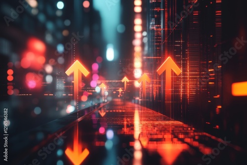 glowing orange arrows pointing upwards on a futuristic city street at night, symbolizing growth and progress.