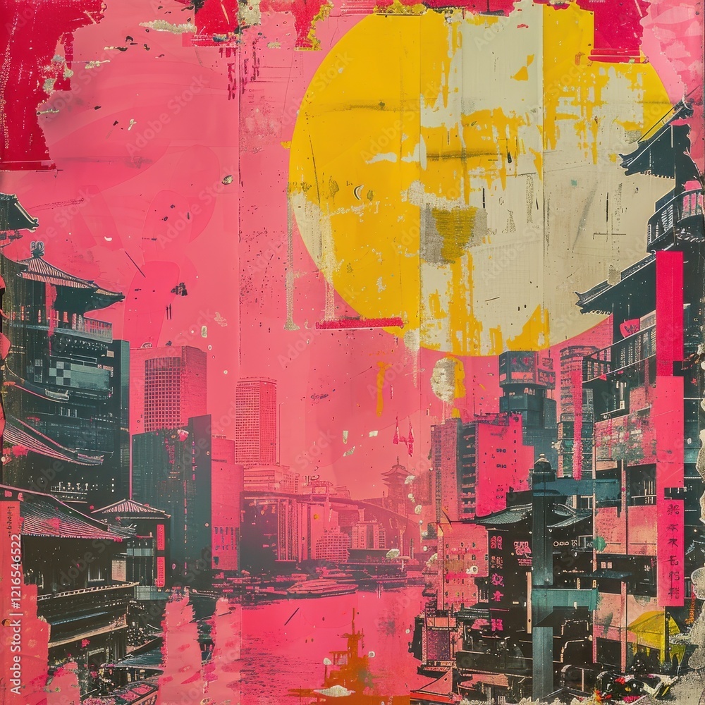 Fototapeta premium Grunge Pink and Yellow Collage Poster for Creative Projects and Displays