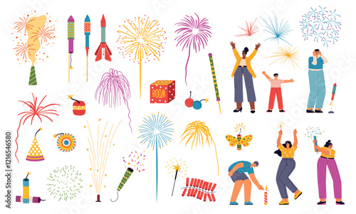 Festive firecrackers and fireworks. Happy people celebrating Independence Day, fire explosions, cartoon funny boy firings rocket, vector set
