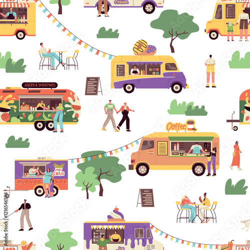 Fast food market visitors. Gastronomic festival on wheels, tracks, kiosks with meal, drinks, people in summer cafes, vector seamless pattern