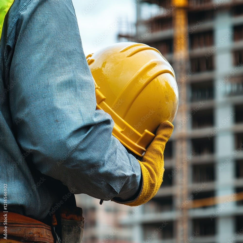 construction worker holding hard hat at building site construction worker holding hard hat at building site