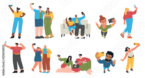 Funny people take selfies. Young, elder characters with phones in hands, front camera shots, lomo photographers, self portraits, vector set
