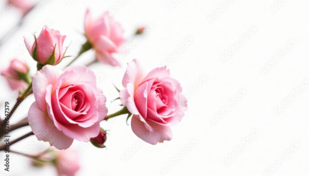 Delicate pink rose branches unfolding softly in the breeze, , isolated, white background Delicate pink rose branches unfolding softly in the breeze, , isolated, white background