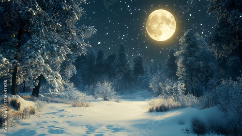 Winter wonderland night scene Full moon illuminates snowy forest path, ideal for holiday cards or winter themed designs