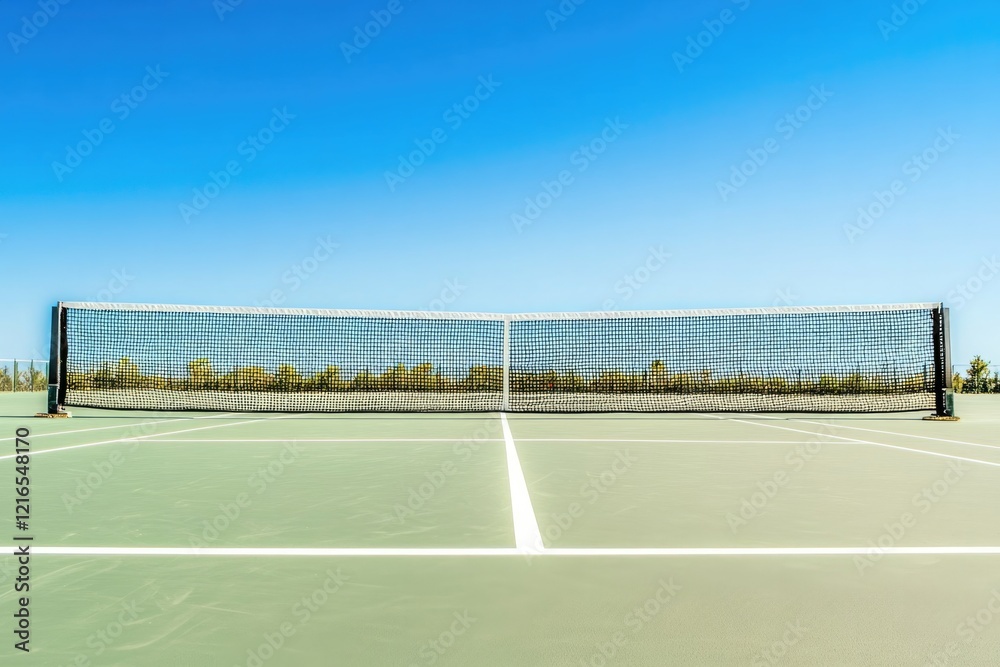 Fototapeta premium Tennis court under bright blue sky with clear lines and net, inv