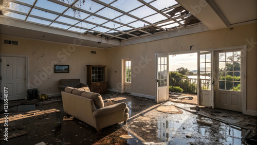 storm damaged living room with water stains and debris scattered around, showcasing aftermath of nature impact