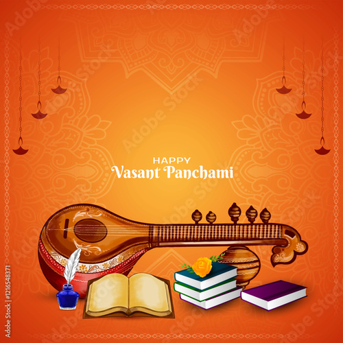 Beautiful Happy Vasant Panchami Indian festival card with veena design