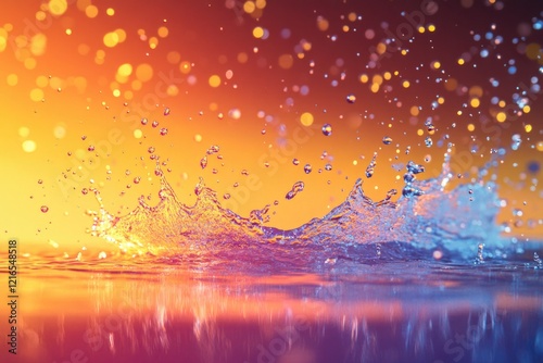 Vibrant splash of water illuminated by warm colors creates mesme photo