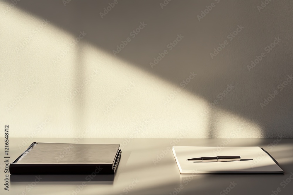 Minimalist workspace showcases interplay of light and shadow on Minimalist workspace showcases interplay of light and shadow on
