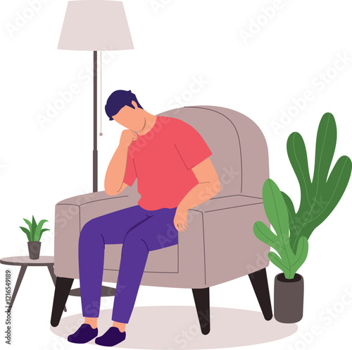 One Young Man With Depression Sitting On Couch Alone At Home.