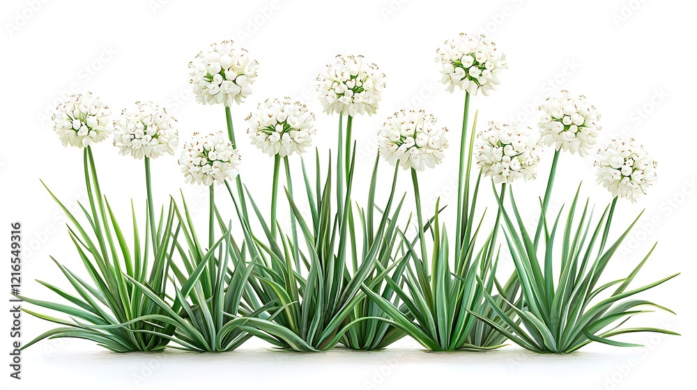 Fototapeta premium Lush White Flower Cluster with Green Foliage - Isolated on White Background.