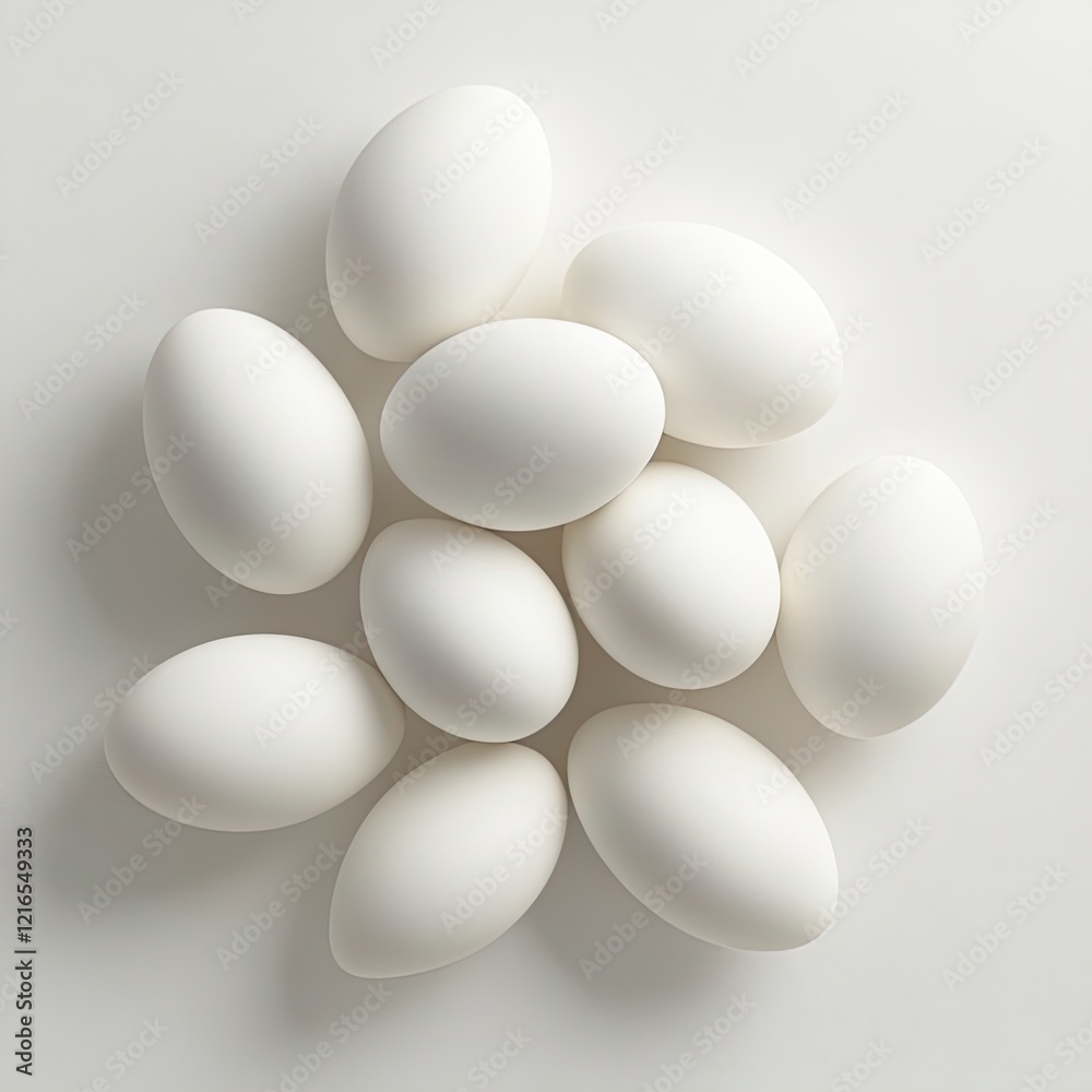 Isolated on white background, smooth white eggs in a neat arrangement, minimalist and clean, super detail, advertising quality, ultra-realistic lighting Isolated on white background, smooth white eggs in a neat arrangement, minimalist and clean, super detail, advertising quality, ultra-realistic lighting