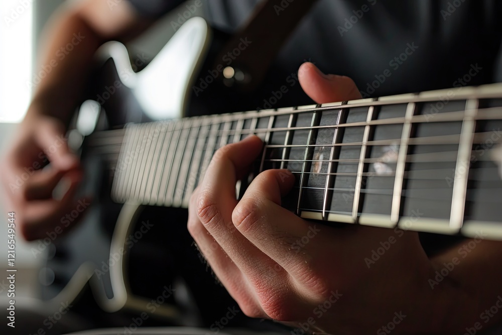 Fototapeta premium Close-up of hands skillfully playing guitar strings, capturing m