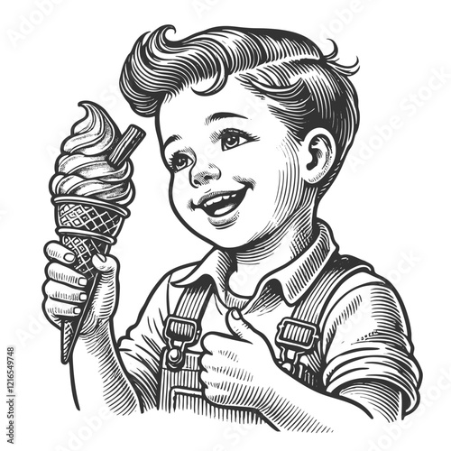 Happy Boy Holding Ice Cream Cone engraving vector