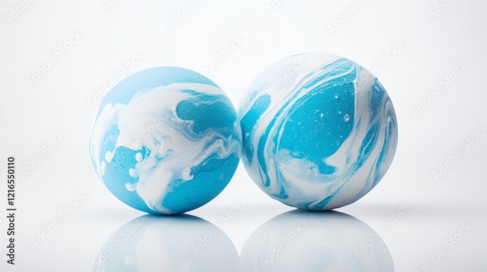 Colorful blue and white marbled balls resting on a smooth surface in a well-lit environment Colorful blue and white marbled balls resting on a smooth surface in a well-lit environment