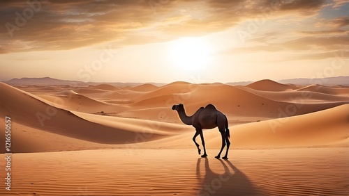 Camel in the desert at sunset.
