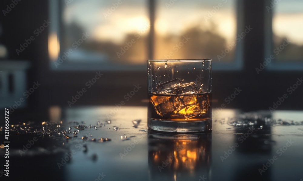 Forced perspective whiskey glass with ice on a table Forced perspective whiskey glass with ice on a table