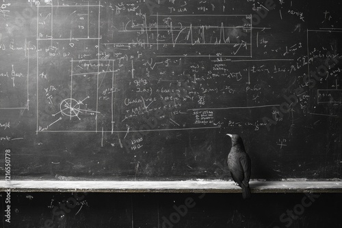 Blackboard filled with complex equations, crow perched, symboliz photo