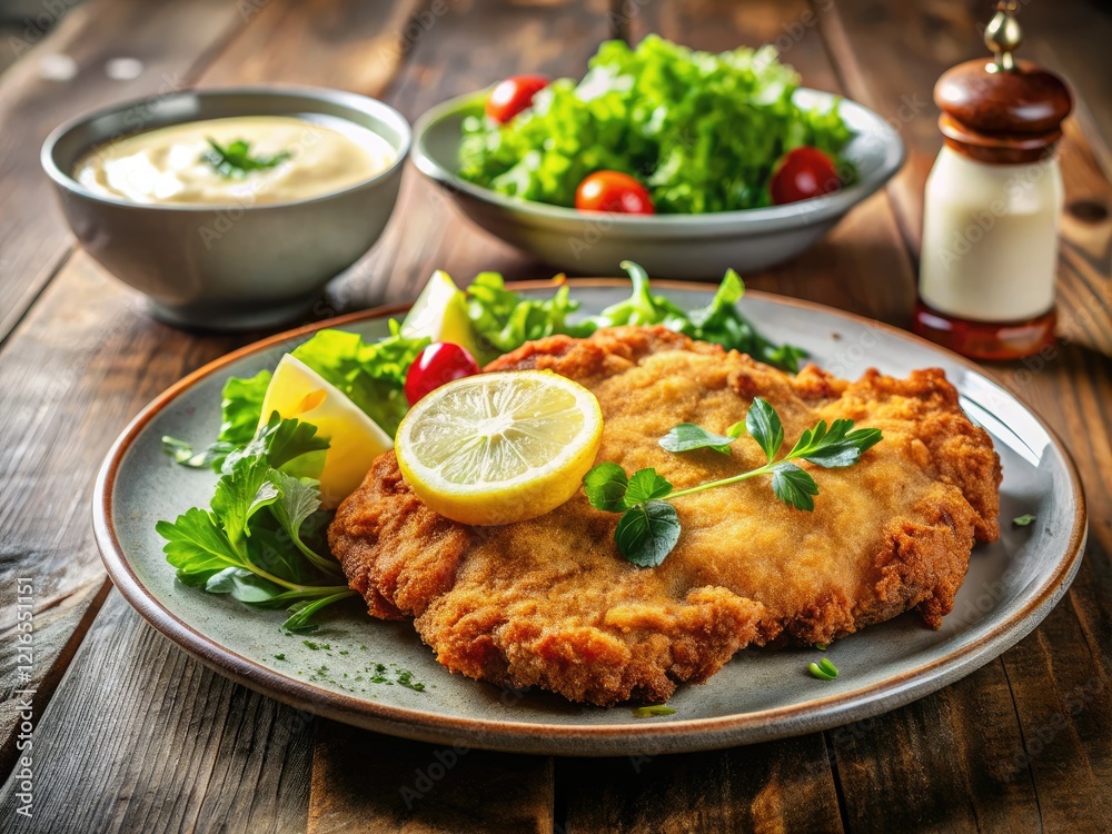 Thinly pounded veal, breaded, pan-fried to crispy perfection. Served with fresh salad & tangy sauce. A Viennese classic. Thinly pounded veal, breaded, pan-fried to crispy perfection. Served with fresh salad & tangy sauce. A Viennese classic.
