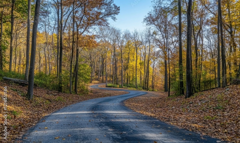 Obraz premium Forest road winding through trees at low angle view