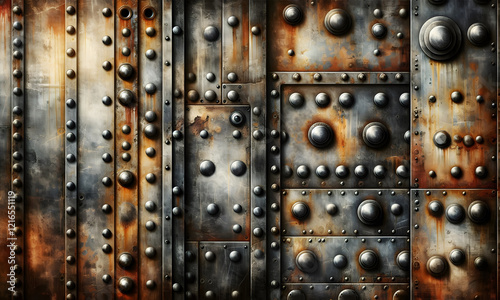 Hintergrund einer verrosteten Metallplatte mit Nieten, Scheibenund Zahnrädern, vintage retro photo