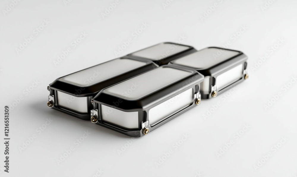 Forced perspective single cell lithium ion battery holders on a white background Forced perspective single cell lithium ion battery holders on a white background