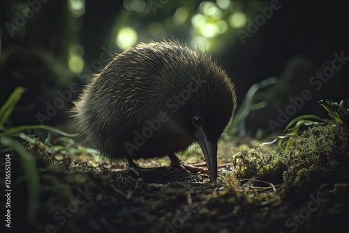 Fluffy bird foraging in lush greenery, illuminated by soft, natu photo