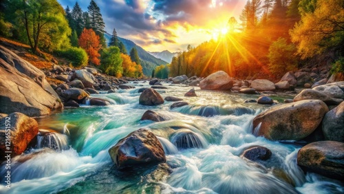 Turbulent mountain river cascades over rocks, creating a bokeh-blurred flowing water scene.