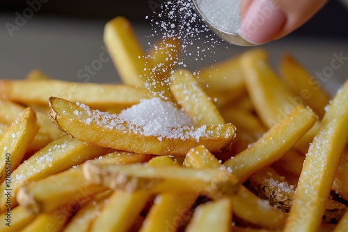 Salting golden fries, close-up, kitchen, blurred background, food photography photo