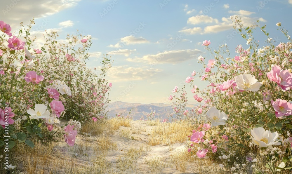 Obraz premium Forced perspective view of California wild rose showcasing beautiful pink and white colors