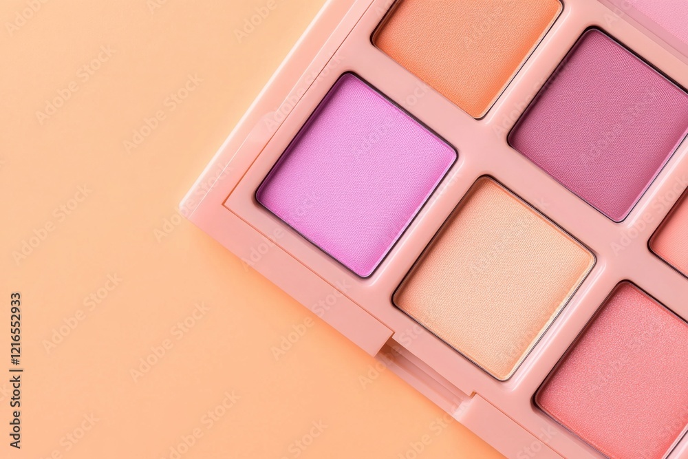 Fototapeta premium Vibrant eyeshadow palettes arranged artfully on a soft peach backdrop for an inviting beauty display