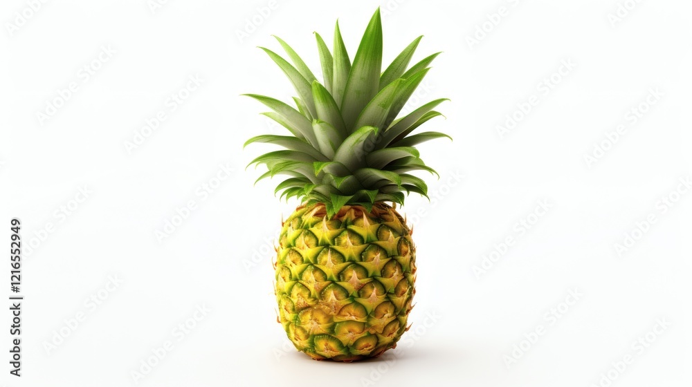 Fresh pineapple with vibrant green leaves showcased against a clean white background in a simple arrangement Fresh pineapple with vibrant green leaves showcased against a clean white background in a simple arrangement
