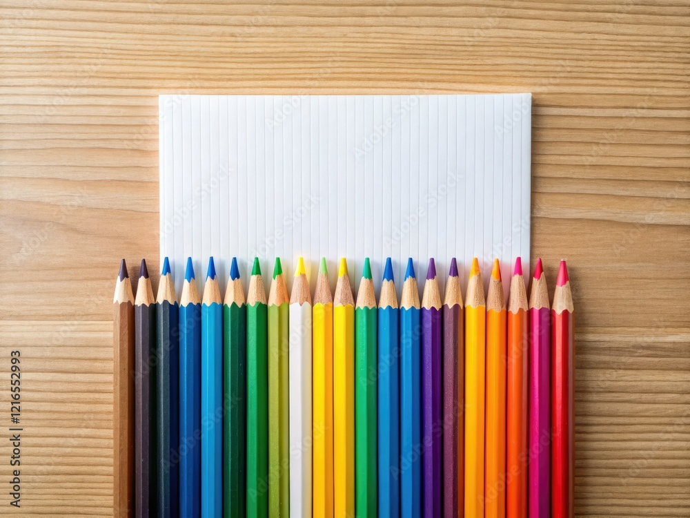 Fototapeta premium Vibrant pencils, pristine paper, minimalist desk: ignite your creative spark.