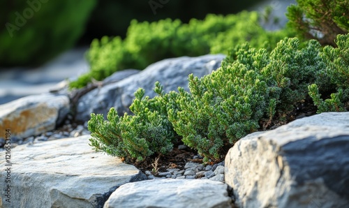 Forced perspective view of Juniperus horizontalis Prince of Wales plant in garden photo