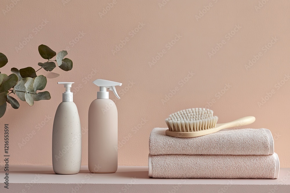 Minimalist bathroom setup featuring elegant bottles, soft towels Minimalist bathroom setup featuring elegant bottles, soft towels