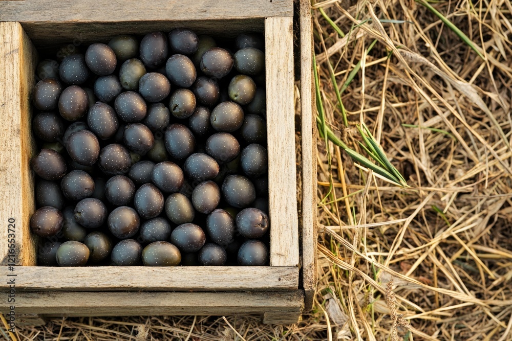 Dark, glossy fruits arranged in rustic wooden box on dry grass b Dark, glossy fruits arranged in rustic wooden box on dry grass b