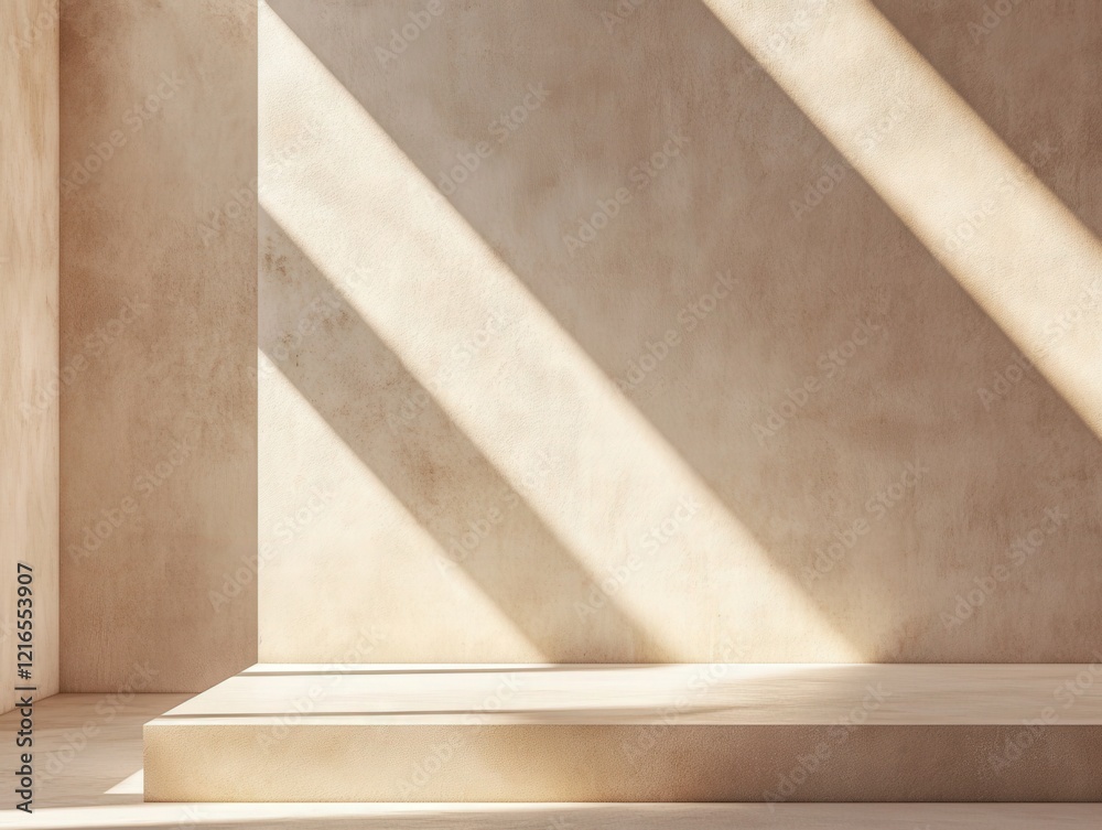 minimal empty beige product display platform with sunlight and shadows minimal empty beige product display platform with sunlight and shadows