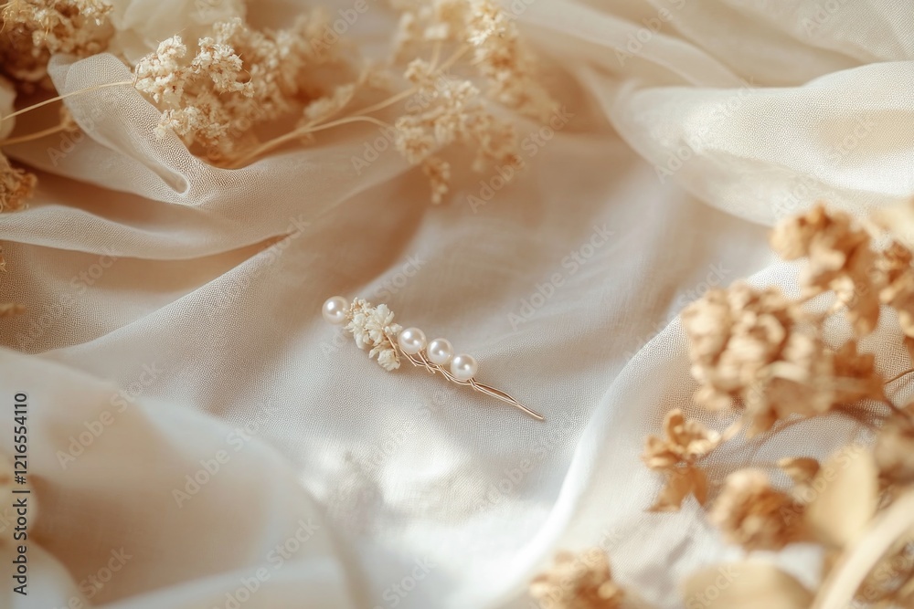 Delicate hairpin rests on soft fabric surrounded by dried flower Delicate hairpin rests on soft fabric surrounded by dried flower