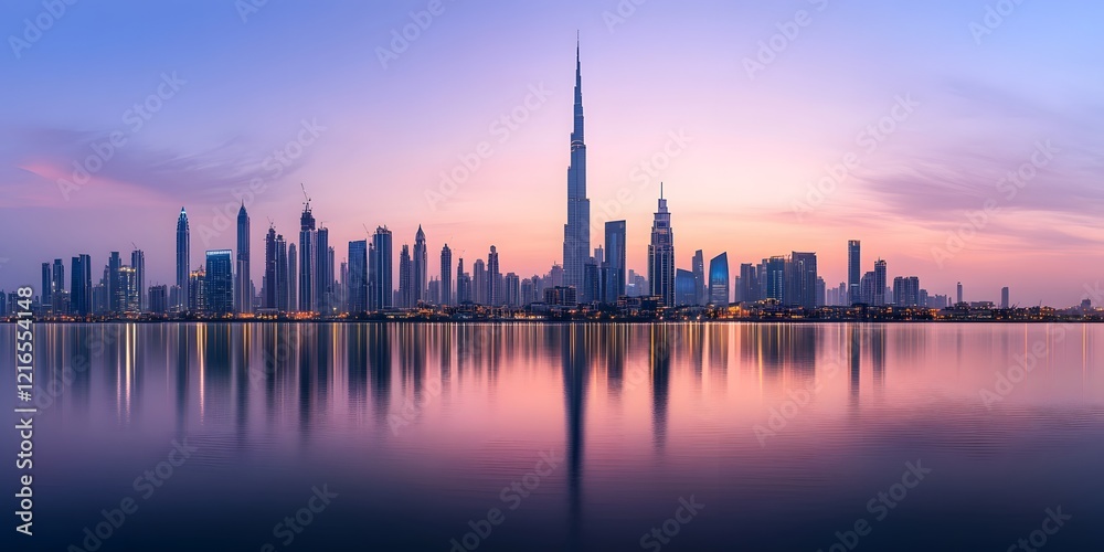 Panoramic City Skyline at Dawn with Soft Light Reflecting on Water Surface Panoramic City Skyline at Dawn with Soft Light Reflecting on Water Surface