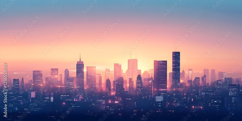 Panoramic City Skyline at Dawn with Soft Light, Capturing the Radiant Glow of a New Day Panoramic City Skyline at Dawn with Soft Light, Capturing the Radiant Glow of a New Day