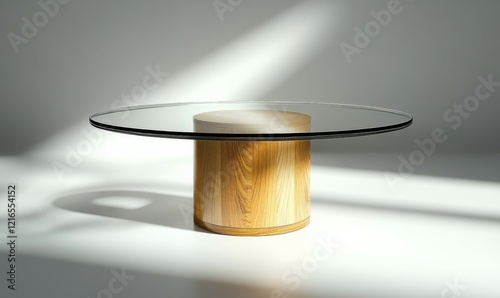 Glass table on wooden base with glass top reflectin