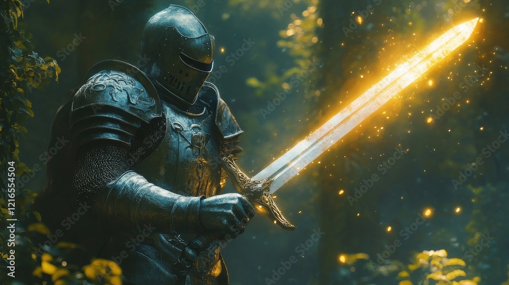 Fototapeta premium A brave knight in shining armor holding a glowing sword in a mystical forest