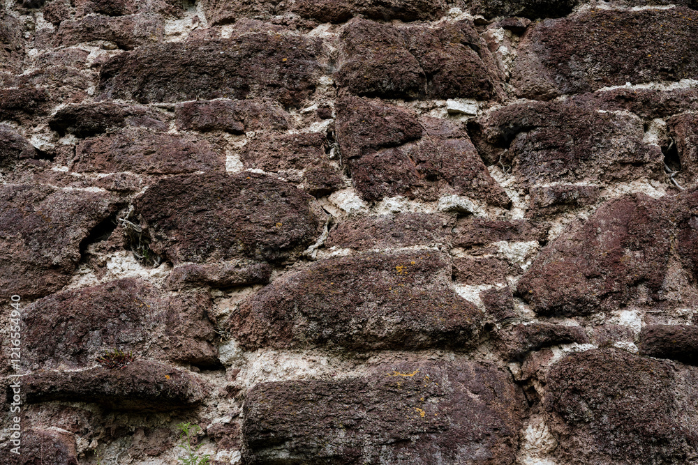 A wall made of stone with a rough texture. The wall is brown and white