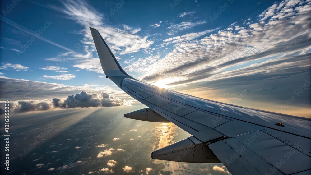 stunning view of airplane wingtip against vibrant sky, showcasing clouds and sunlight stunning view of airplane wingtip against vibrant sky, showcasing clouds and sunlight