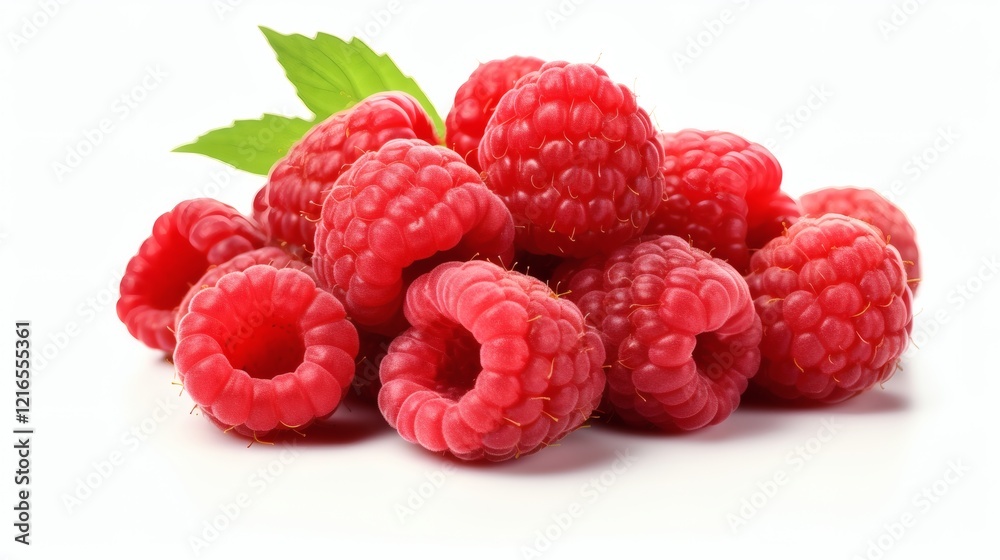 Fresh, ripe raspberries with green leaves arranged on a clean surface ready for culinary use Fresh, ripe raspberries with green leaves arranged on a clean surface ready for culinary use